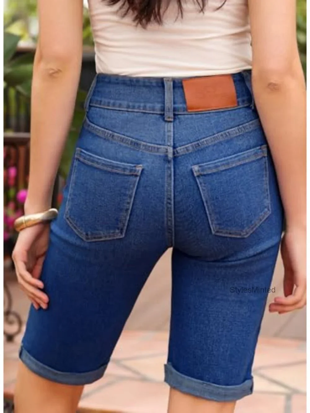 High Waisted Denim Bermuda Shorts Rolled Hem Stretchy Casual Summer